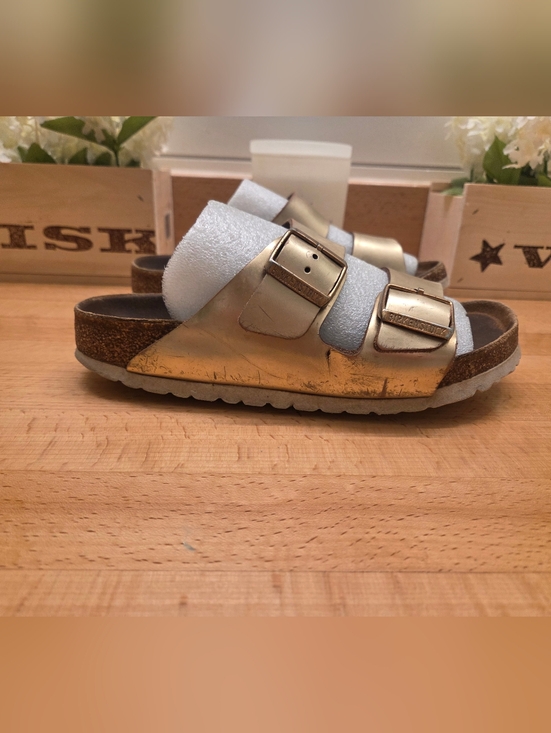Birkenstock Shoes - Birkenstock Arizona Sandals Metallic Gold Genuine Leather Womens Size EU 36
